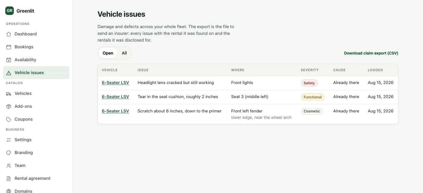 The vehicle issues screen with severity labels and a claim export button.